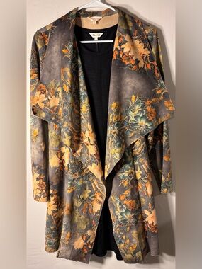 Solitaire Floral Faux Suede Draped Open Front Cardigan Jacket Size M